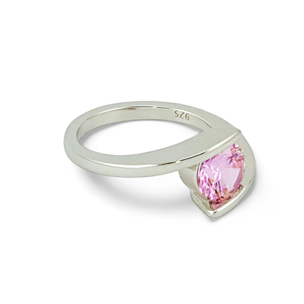 Sterling Silver 925 Round Bezel Pink CZ Ring - Picture 2 of 5